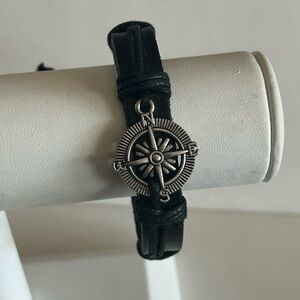 Vintage Black Leather & Silver Nautical Compass Bracelet